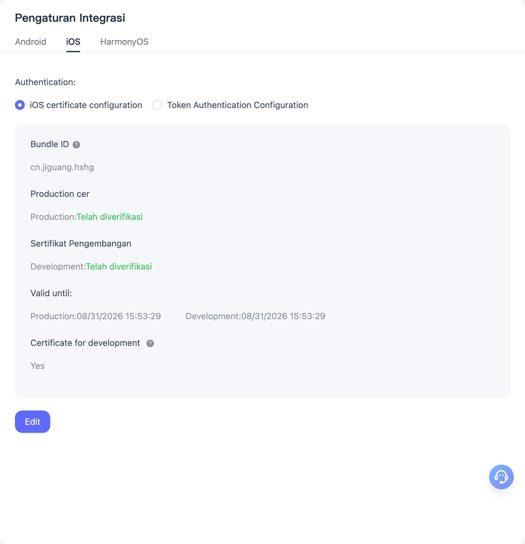 Konfigurasi sertifikat iOS